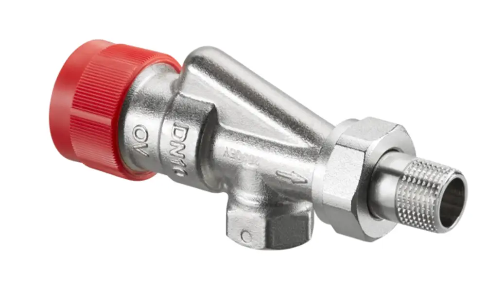 Thermostatventil der Marke Oventrop mit Metalloberfläche und rotem Schutzdeckel, Anschlüsse für Rohrleitungen, geeignet für Heizungsanwendungen.